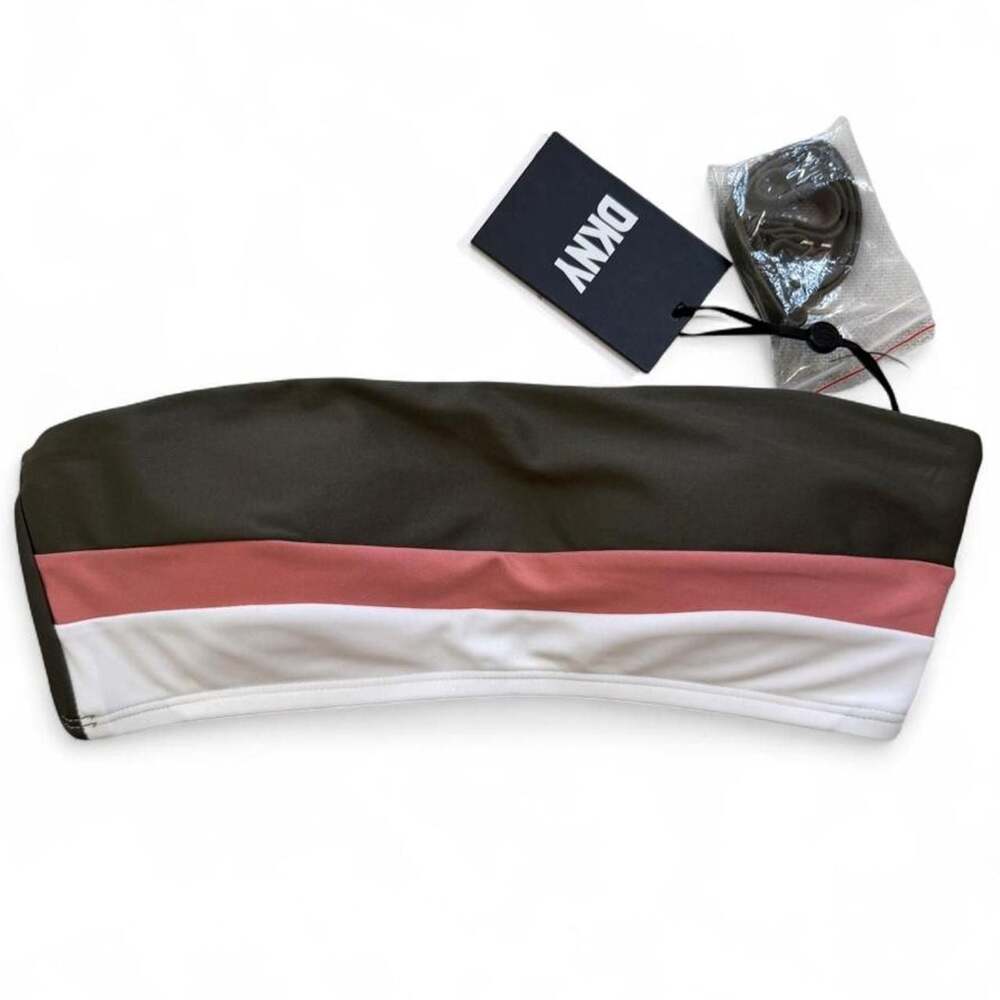 DKNY Striped Bandeau Bikini Top Olive Green White Pink XS New
